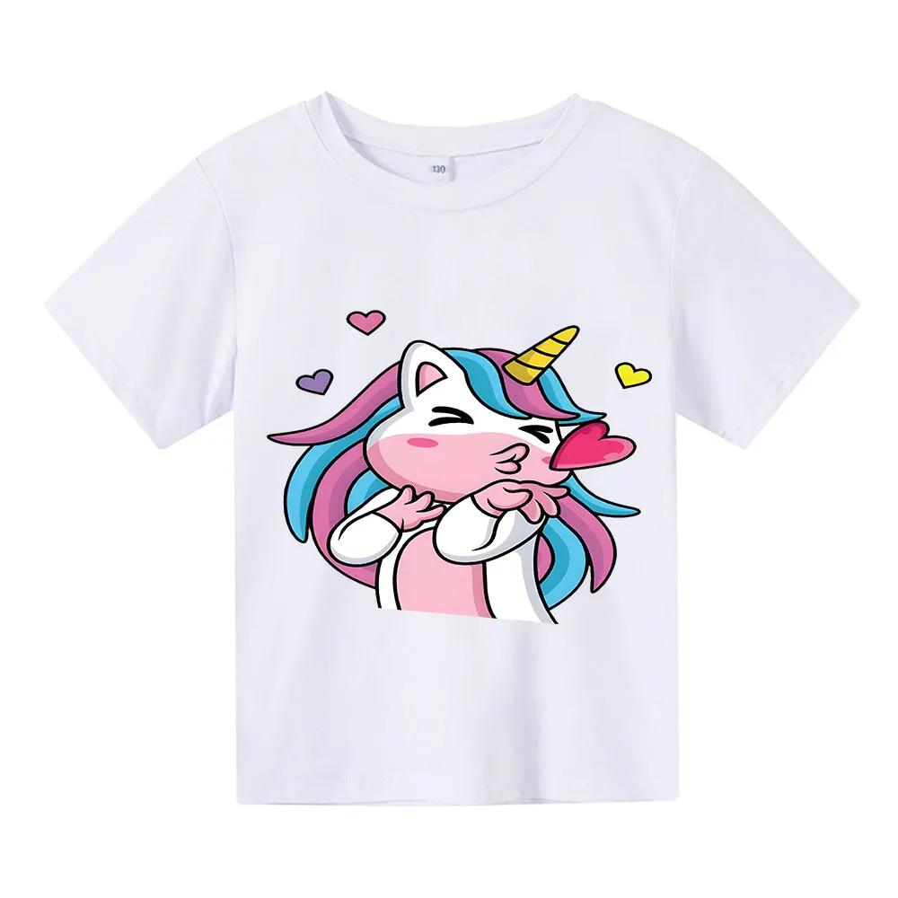 

2025 Новая футболка с летним принтом единорога, мультяшная футболка из 100% хлопка, с круглым вырезом, с короткими рукавами, топы, одежда для мальчиков и девочек, y2k, цельная 100 белый