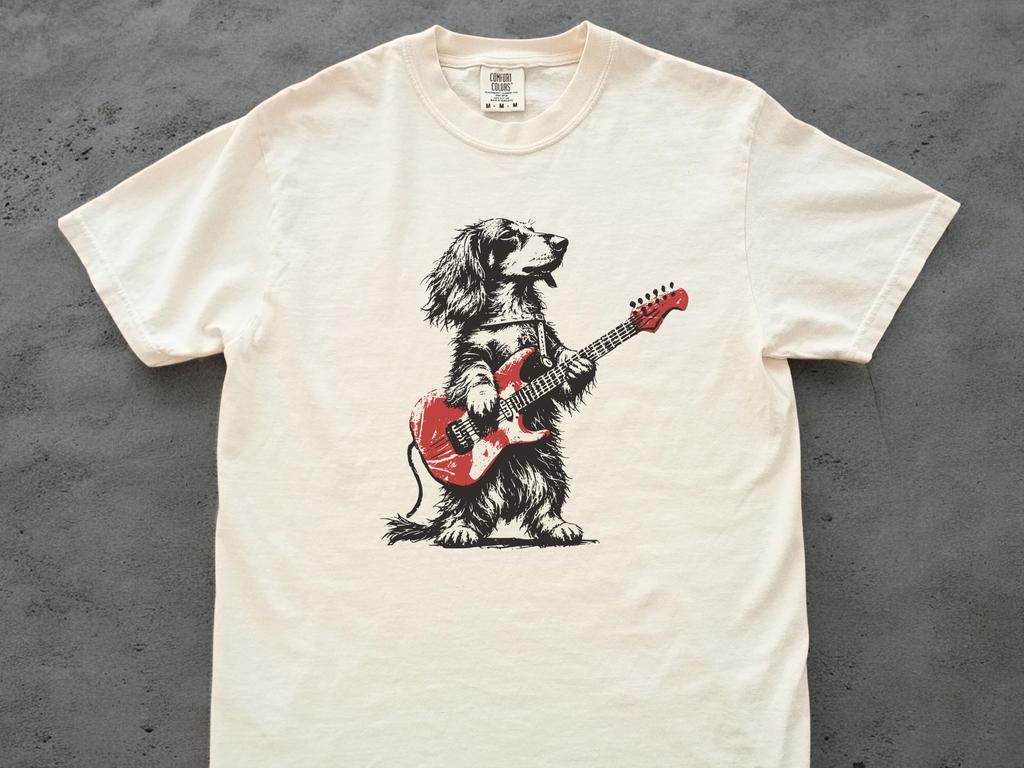 Longhaired Dachshund Rock T-Shirt: Guitar Music Lover Tee, Long Hair Doxie Mom or Dad Gift Shirt, Funny Rock Dog Style