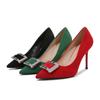 Pointed Thin Heel Size High Heels, Shallow Mouth Wear Rhinestone Metal Square Buckle Single Shoes