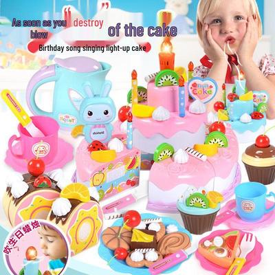 LED Light-Up Birthday Cake Playset for Kids - Pretend Play Cutting Toy Gift for Girls