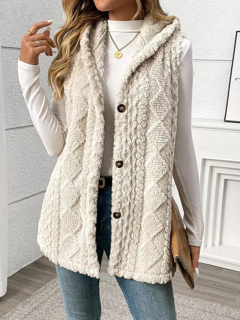 Solid Color Double-Sided Plush Hooded Button Cardigan: Casual Women's Fall/Winter Vest