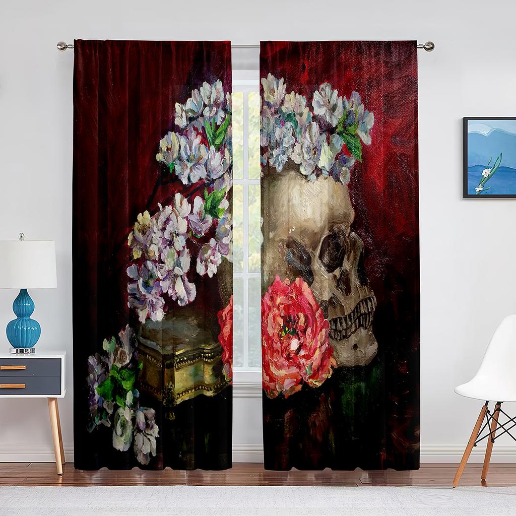 Czaszka Kwiatowy Szkielet Kolorowe Kwiaty Przezroczysta Woalowa Zasłona do Salonu Sypialni Draperia Okienna Kuchenna Szyfonowa Tiulowa Zasłona