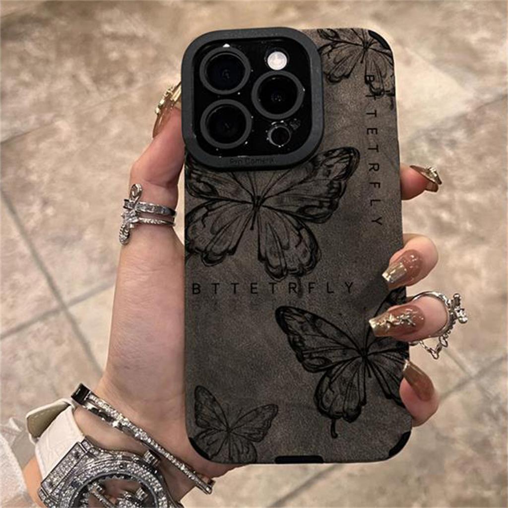 Retro Sketch Butterfly 3D Heart Lanyard Phone Case For iPhone 16 15 14 13 12 11 Pro Max Plus Shockproof Protective Back Cover