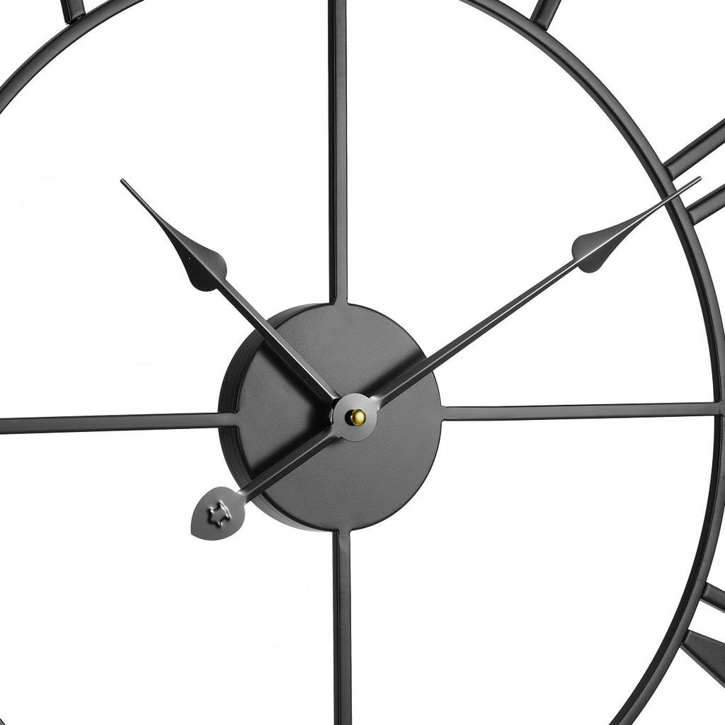 Large Black Skeleton Roman Numeral Wall Clock, Industrial Minimalist Silent Non-Ticking Metal Clock for Living Room Decor