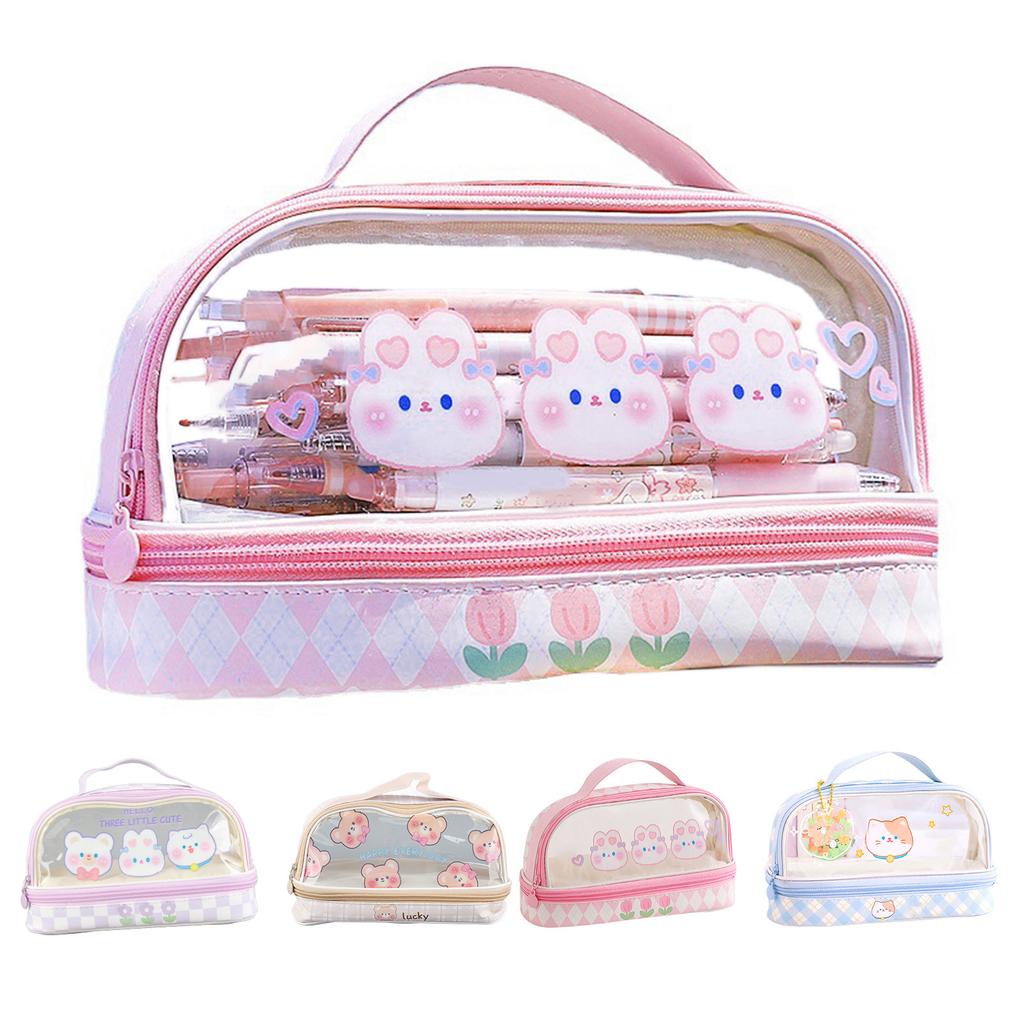 Waterproof Pencil Pen Case Cartoon Cute Transparent Stationary Bag with  for School Students M