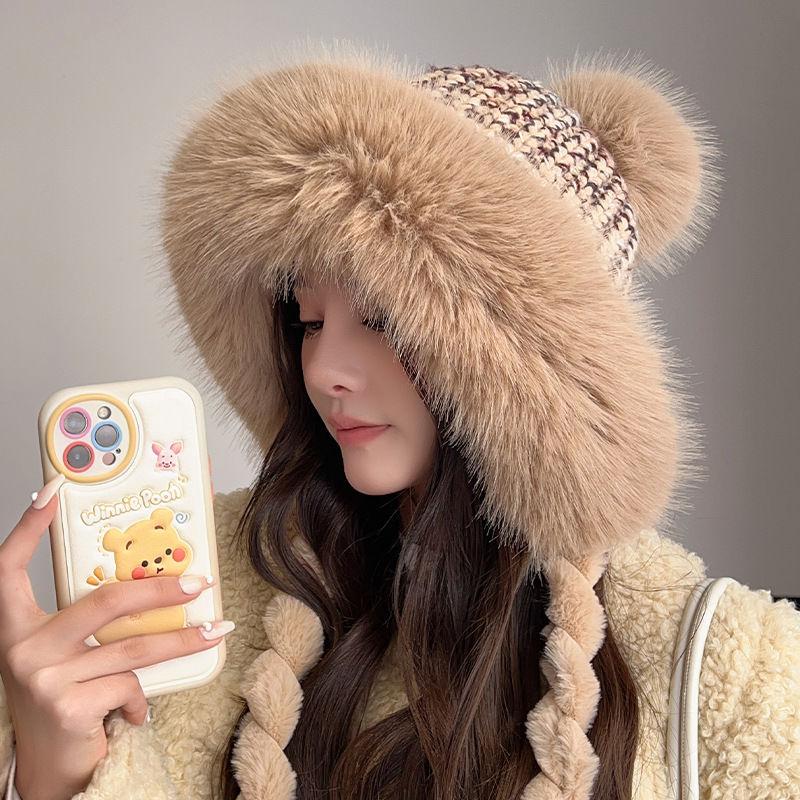 Touca Térmica de Inverno de Pele de Coelho Sintética para Mulheres, Bonita, Espessa, Branca, com Pompom Fofo, Abas de Orelha, Encaixe, Chapéu de Pelúcia