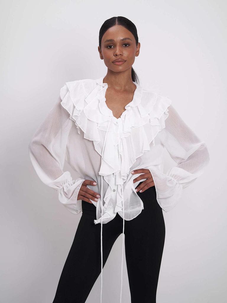 Stylish European & American Tie-Up Puff Sleeve Ruffle V-Neck Blouse - Solid Color Women's Spring Top