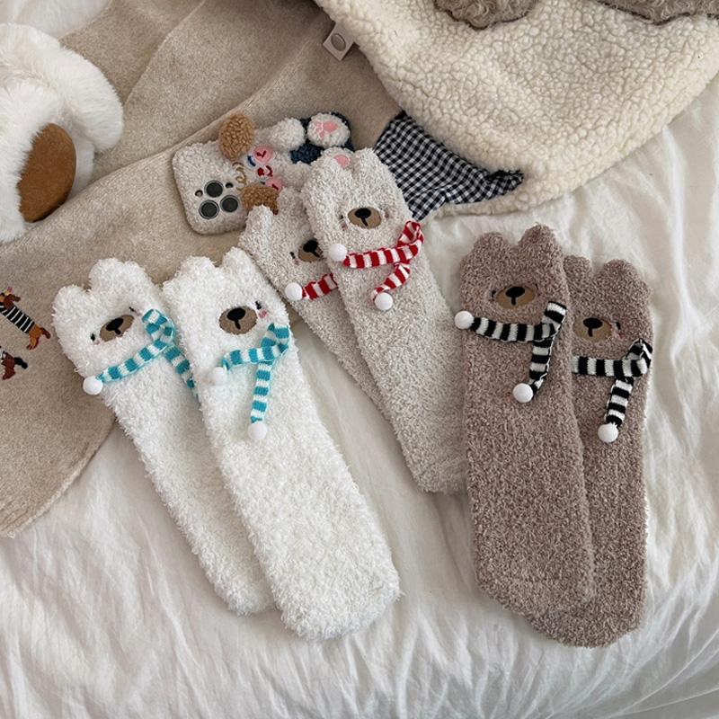 1Pair Sleep Socks Cute Little Bear Cartoon Coral Velvet Socks Soft Polyester Fiber