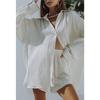 Summer Women's Casual Two Piece Long Sleeve Shirt Top And Shorts Sportswear Set