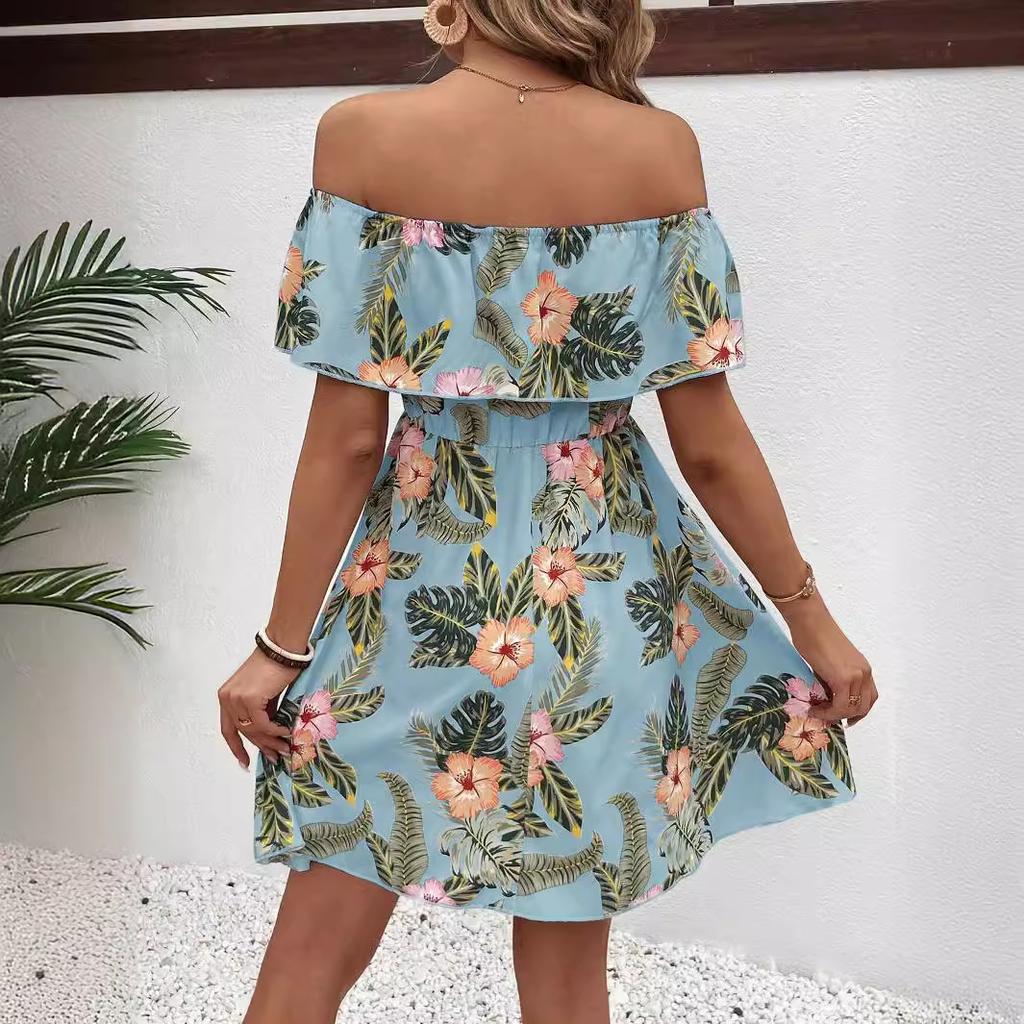 Summer Elegant Women Print Off Shoulder One Shoulder Ruffle Hem Dress A Line Style Mature Style French Retro Slim Sexy Elegant Women Maxi Dress