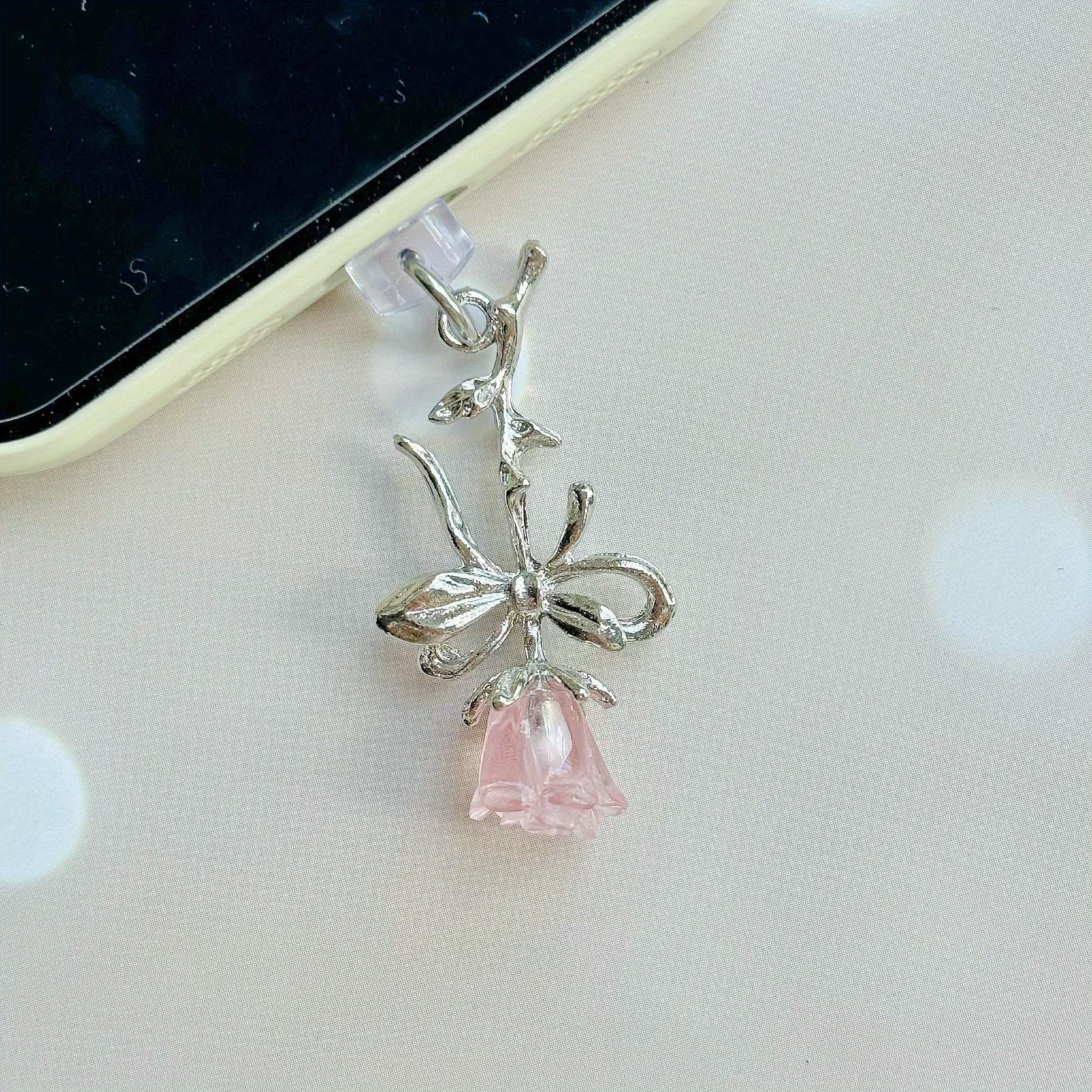 

Mobile Phone Dust Plug Pink Flower Pendant Dust Plug Port Protector Compatible with Cute IOS Phone(Lightning)