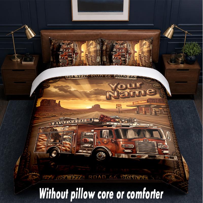 Fire Truck Theme Custom Text Or Name 3Pcs Bedding Set,1 Flat Sheet & 2 Pillowcases Personalized Home Bedding