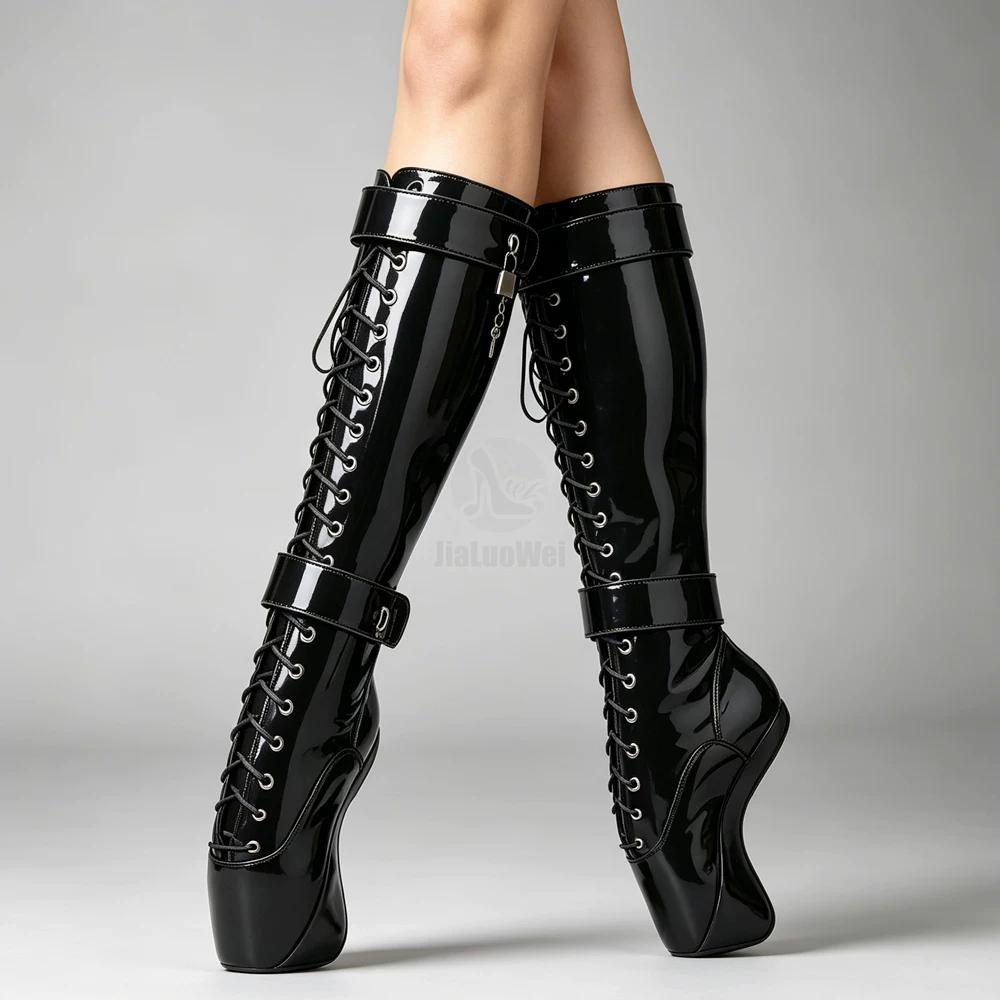JIALUOWEI Frauen Abschließbare Vorhängeschlösser Fetisch Sexy Spitze Kreuzgebundene Kniehohe Stiefel 18 cm Ballettstiefel Mit Ultrahohem Hufabsatz