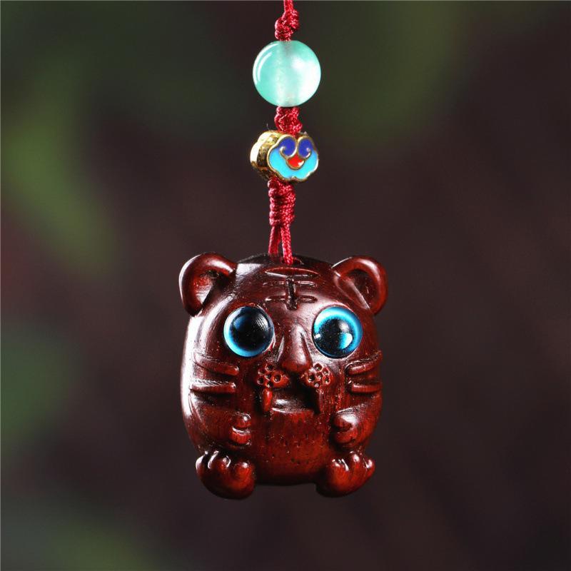 Red and Green Sandalwood Tiger Pendant Phone Charm - First Birthday Gift