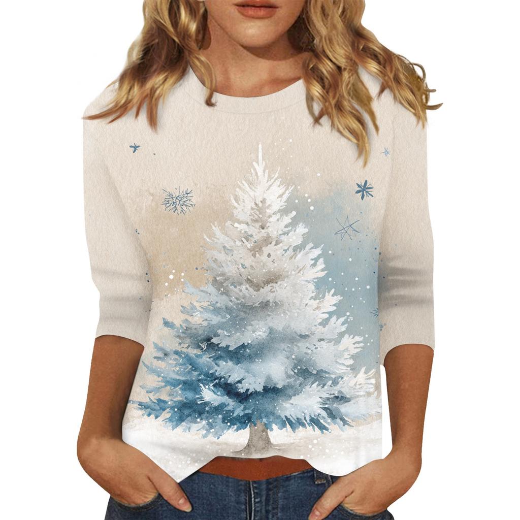 Women's O-Neck 3/4 Sleeve Christmas Print Top