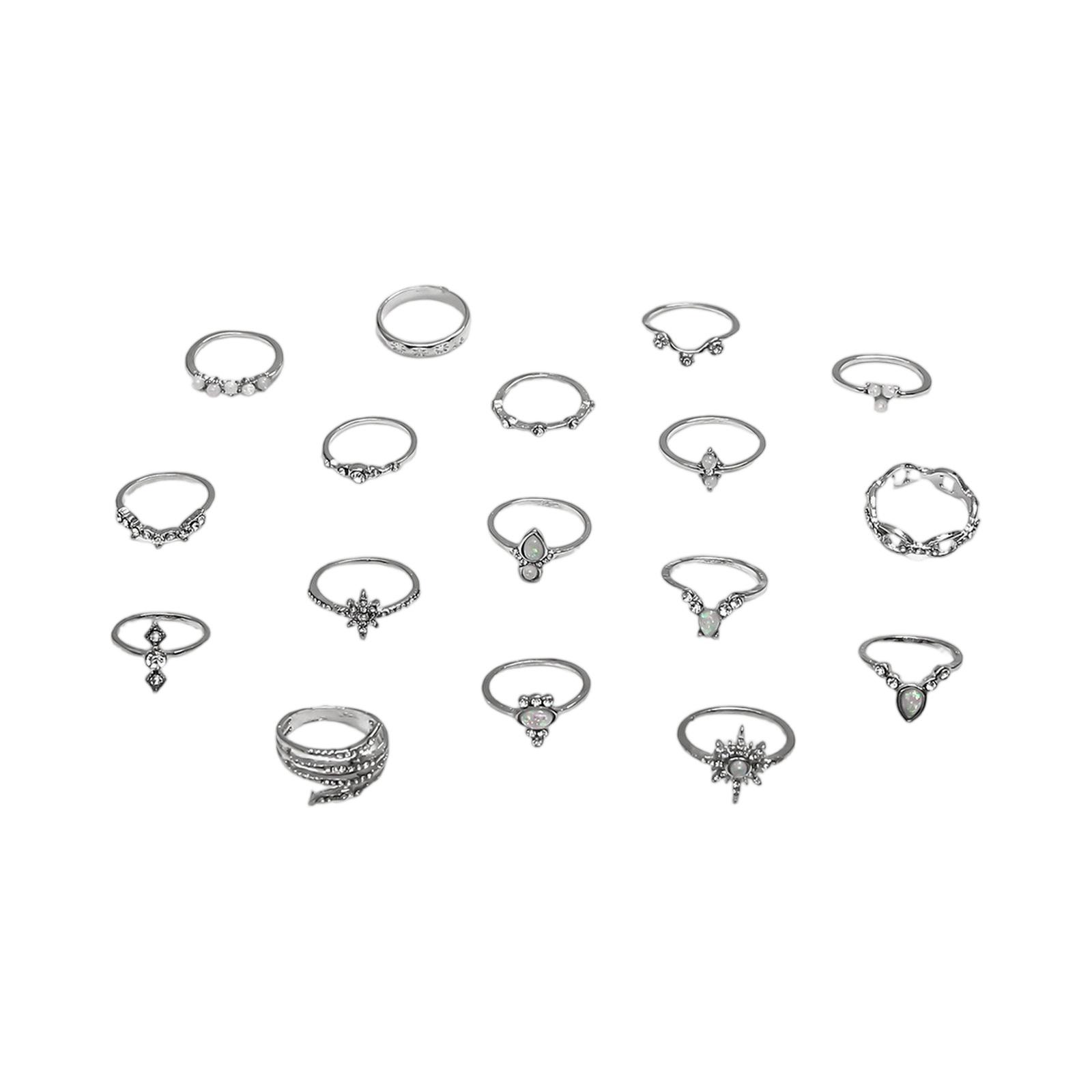 

Fashionable Women s Bohemian Ring Set of 17 One Size серебряный