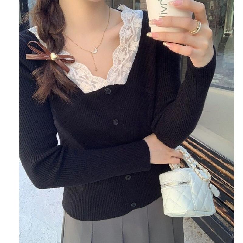 Herbst Winter V-Ausschnitt Langarm Strick Damen Pullover Top Lässig Einfach Spitze Büro Unterziehshirts Damen Süß Basic Slim Fit Knöpfe Pullover