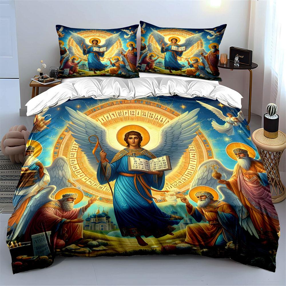 Angelic Depiction With Luminous Scriptures Printed Duvet Cover Set1 Duvet Cover+2 Pillowcasemulti Size Bedroom Bedding Decor