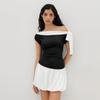 New Elegant Black and White Contrast Color Slim Off-Shoulder Diagonal Collar Bow Tie Sleeveless Top for Women