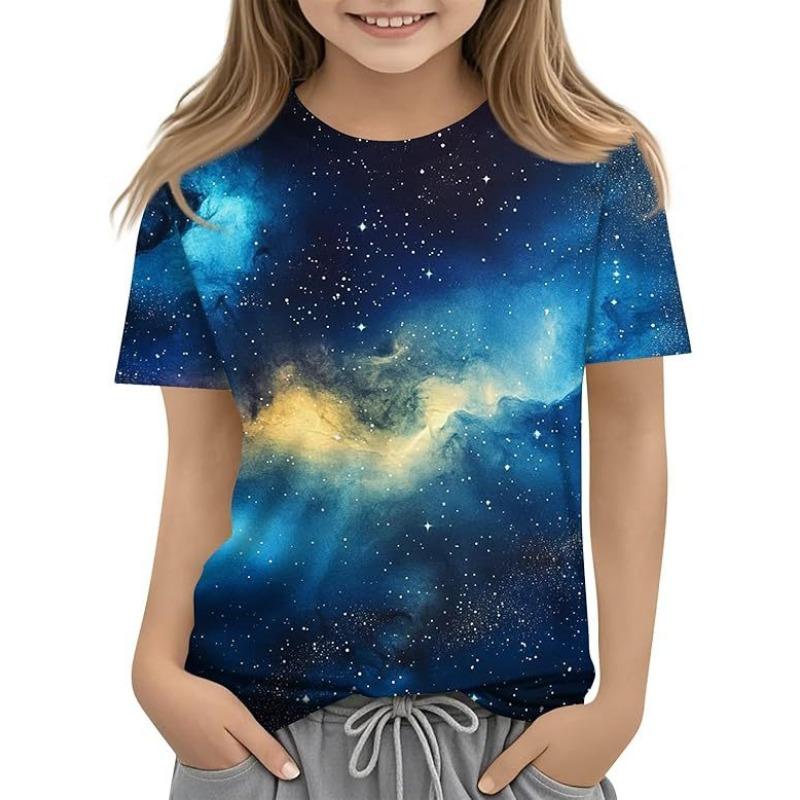 

Футболки для девочек, летняя повседневная детская футболка с короткими рукавами и круглым вырезом с принтом звездного неба 3D 170