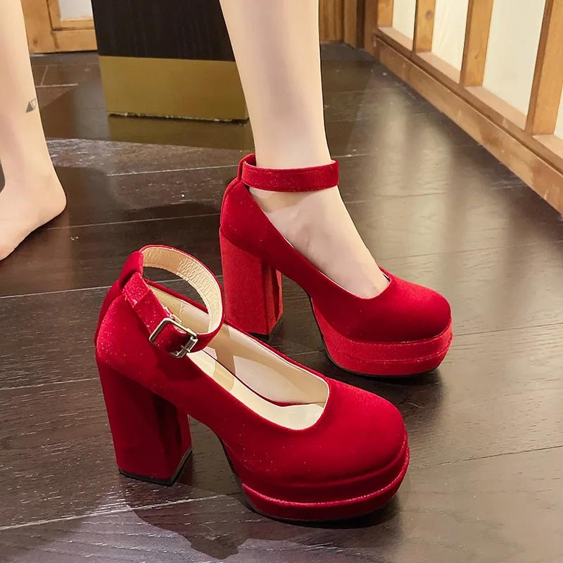 Hot Selling Mary Janes Shoes Women Suede Luxury High Heel Lace Up Trend Lolita Shoes Elegant Chunky Party Pumps Zapatos De Mujer