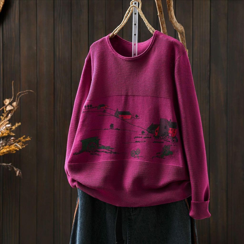 Autumn Cartoon Print Long Sleeve Knit Cotton Sweater for Women