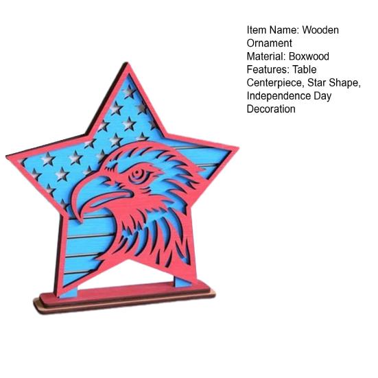 4th of July Desk Sign Star Shape Wooden Ornament Patriotic Table Centerpiece Tiered Tray Decor for Independence Day Home Office Decoration