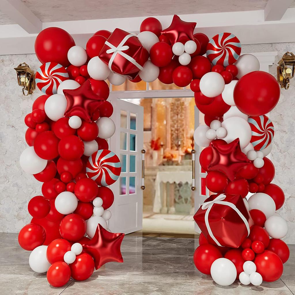 Christmas Balloon Wreath Set with Christmas Red and White Balloon Candy Balloon Gift Box Balloon Christmas Party Decoration