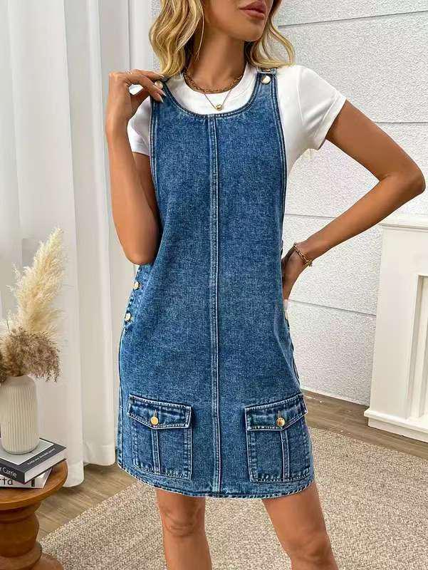 European-American Retro Denim Overall Skirt for Women - Summer Petite Zipper Design Dress
