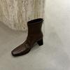 Soft leather brown round head short boots women's high heel thick heel rear zipper 2025 new winter Korean version elastic thin boots
