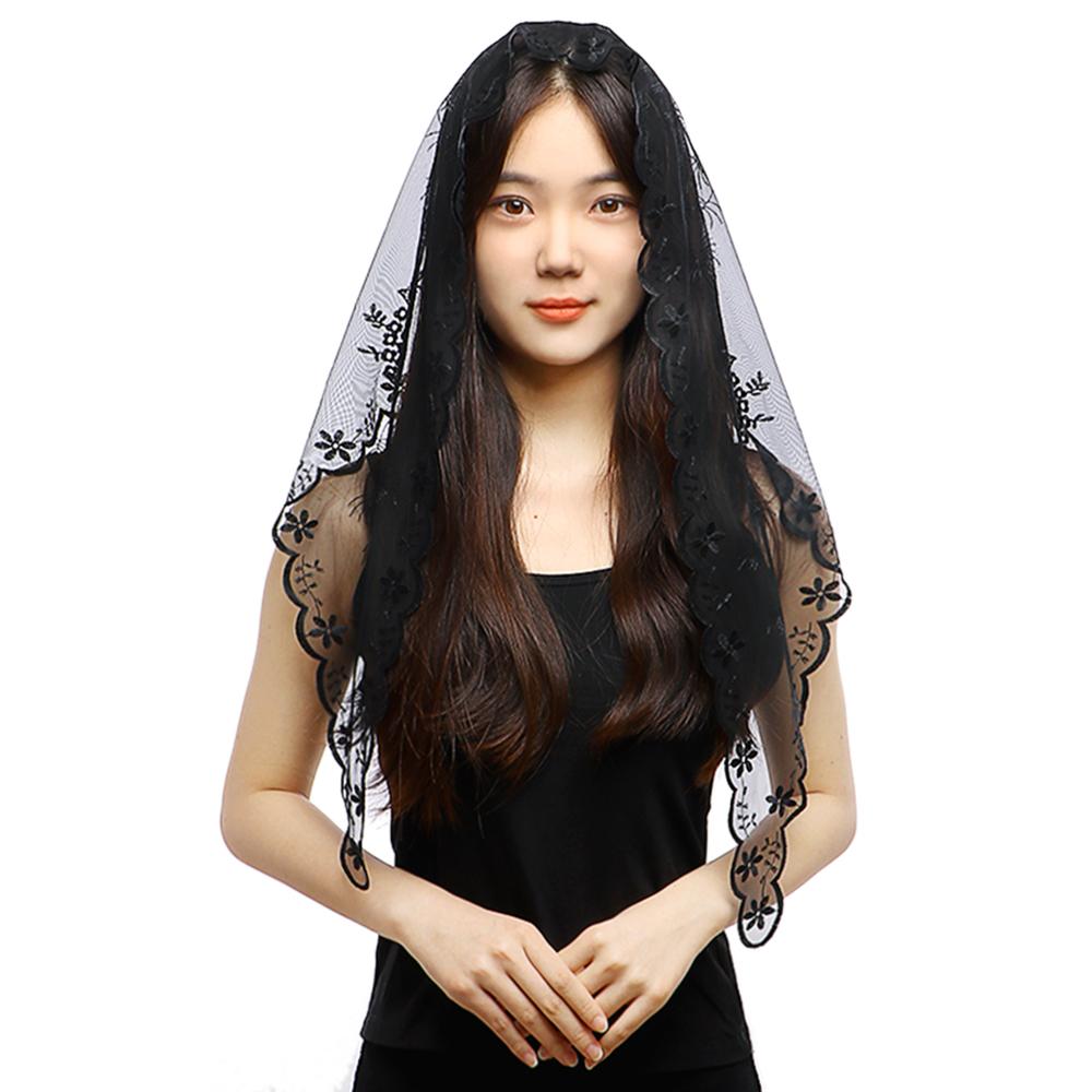 Triangle Lace Scarf for Church Shawl Women Christian Veil Embroidered Floral Shawls Transparent Lace Bandana Foulard Femme Hijab