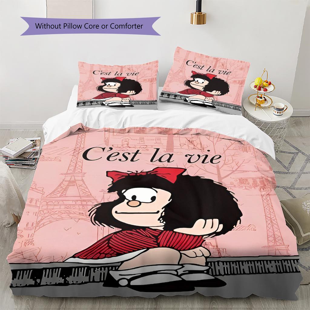 Pościel z wzorem Mafaldy, Zestaw kołdry Poszewka na kołdrę Poszewka na poduszkę Domowy prezent urodzinowy (1 * poszwa na kołdrę + 2 * poszewki na poduszki, bez rdzenia)