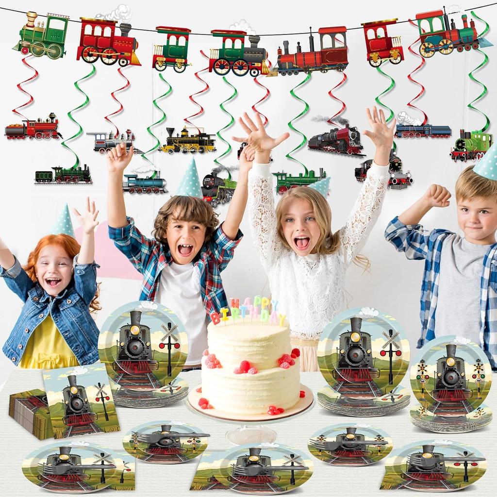 party greeting 109Pcs Train Birthday Party Supplies Includes Steam Train Party Plates Napkins Fork Retro Train Banner Hanging Ceiling Swirls for