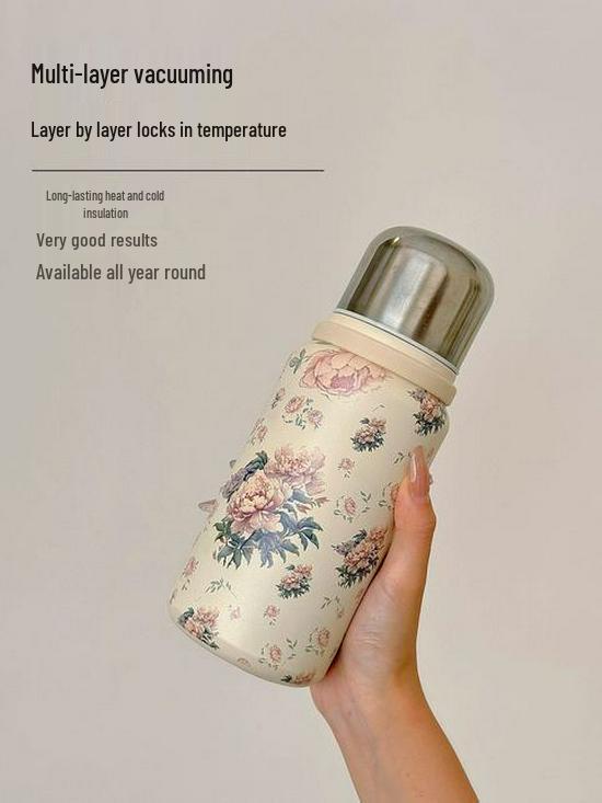 Chinese Style Rose Peony Insulated Cup with Lanyard, Large Capacity, Portable, Tea Separation Feature, Exquisite Stew Pot Design