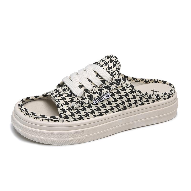 Internet Celebrity Canvas Half Slippers Women Wear Ins Tide 2025 Summer New Fashion Versatile One-word Drag Thick Bottom Cool Slippers