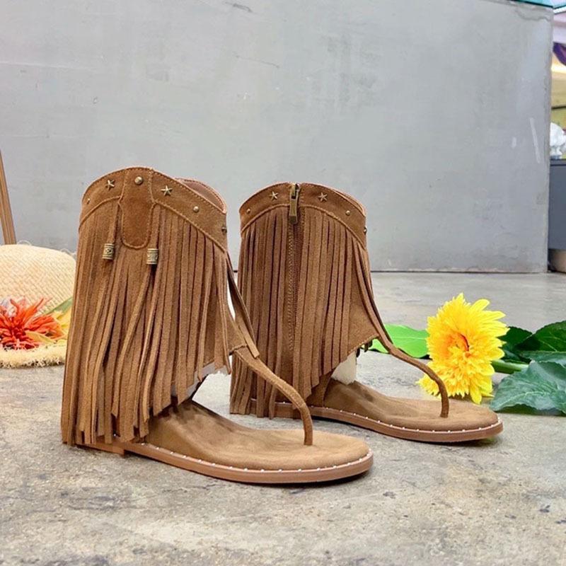 [] Pinch-in tassel sandals women's new summer open-toe side zipper inner height-increasing cool boots