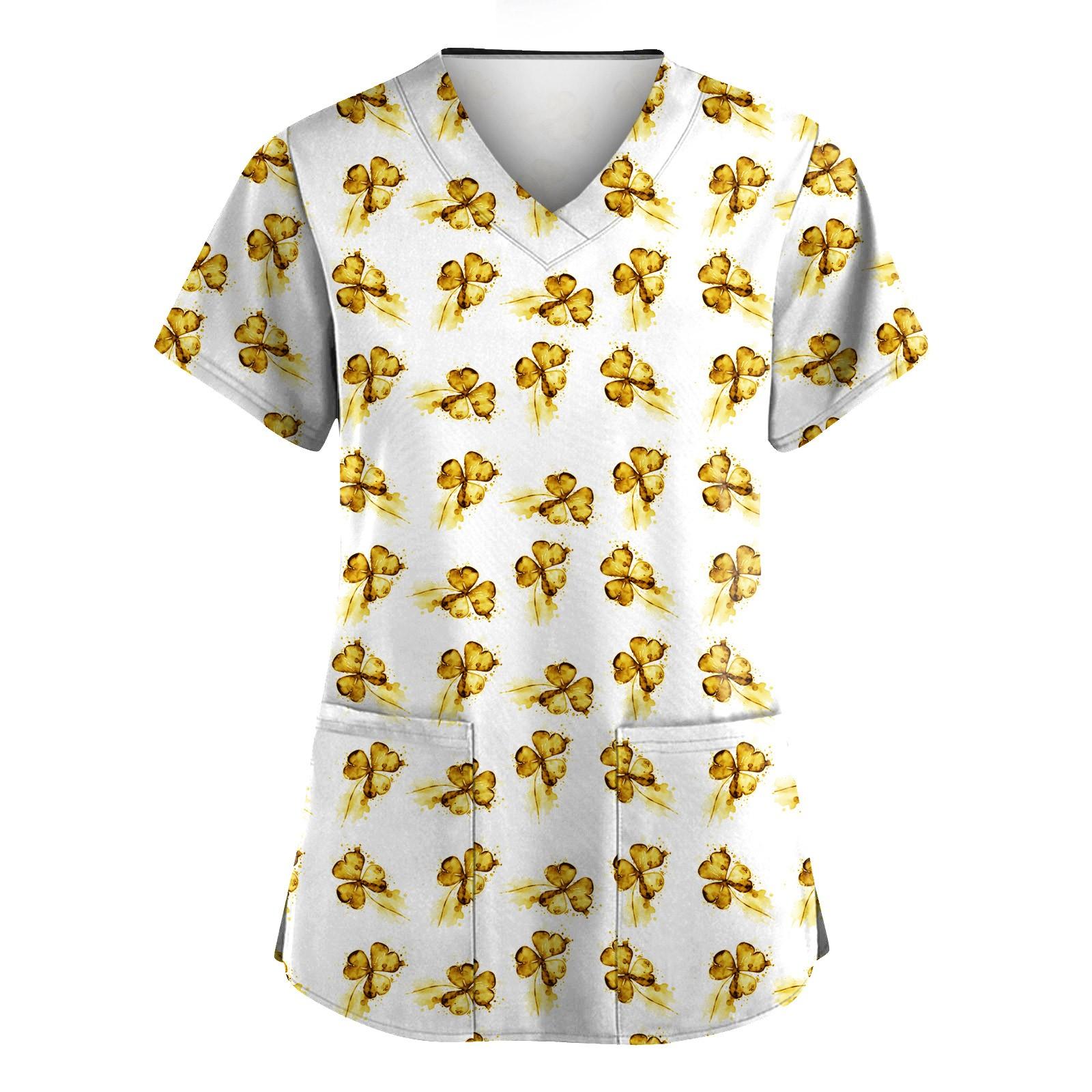 

Женская мода с v-образным вырезом, короткими рукавами и карманами, топы с принтом XL