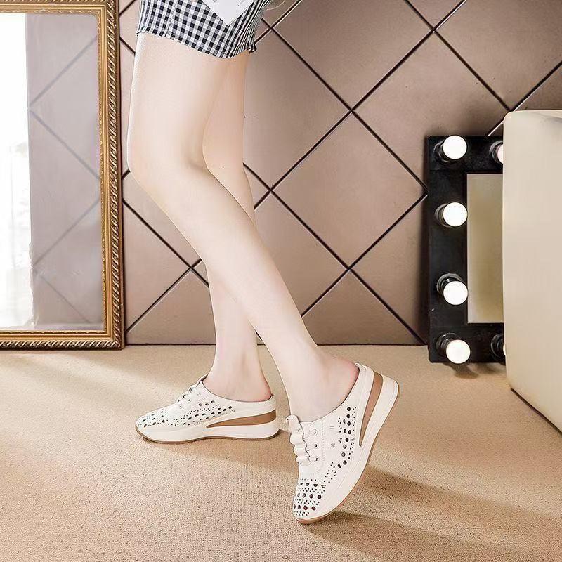 Slope heel thick-soled walking shoes women's new models in the summer of 2026, hollow, comfortable and breathable casual shoes, pedaling lazy shoes