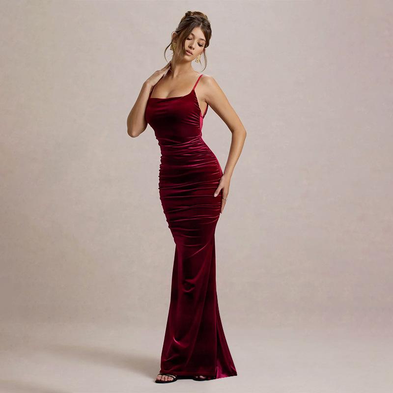 Fall Women's Fashion Sexy Temperament Velvet Pleated Waist Halter Dress