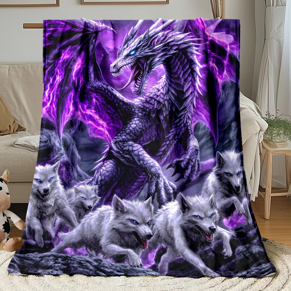 Purple Dragon and Wolf Print Throw Blanket - Mystic Fantasy Animal Motif Soft Lightweight Accent for Sofa Bed Travel Office