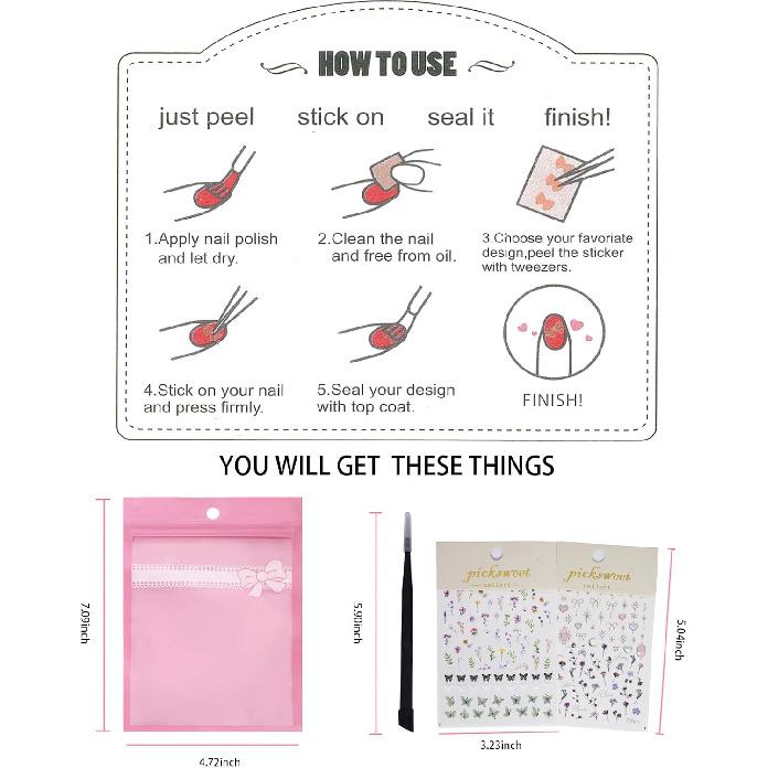 Flower Nail Stickers for Nail Art Decals Charms,5D Embossed Floral Butterfly and Heart Gem, Self-Adhesive 5 Styles Craft Nail Supplies 2 Sheets with