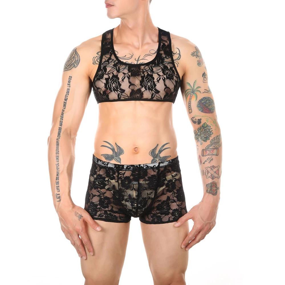 Heren Sexy Sissy Lingerieset Gay Kant Boxer Briefs Bikini Ondergoed BH Top Shorts 2Stuks Gays Sexy Outfits Vest Tops+Boxers