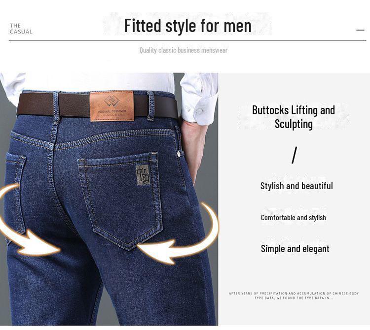Men's Elastic Straight-Leg Thickened Jeans with Velvet Lining for Autumn and Winter