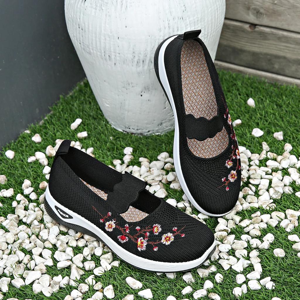 Fashion Women Fashion Leisure Flat Shoes Spring Autumn Flat Square Toe Knitting Elastic Soft Sole Comfortable Slip-on Shoes Plus Size 43