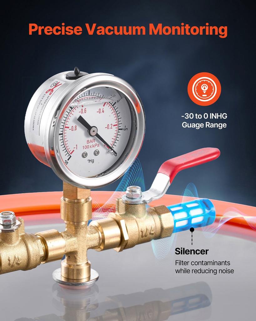11.36 L Vacuum Chamber with Pump, 3.5 CFM 99 L/min, Single Stage Vacuum Pump, Stainless Steel Degassing Chamber Kit, Tempered Glass Lid, 1.5 M Hose,
