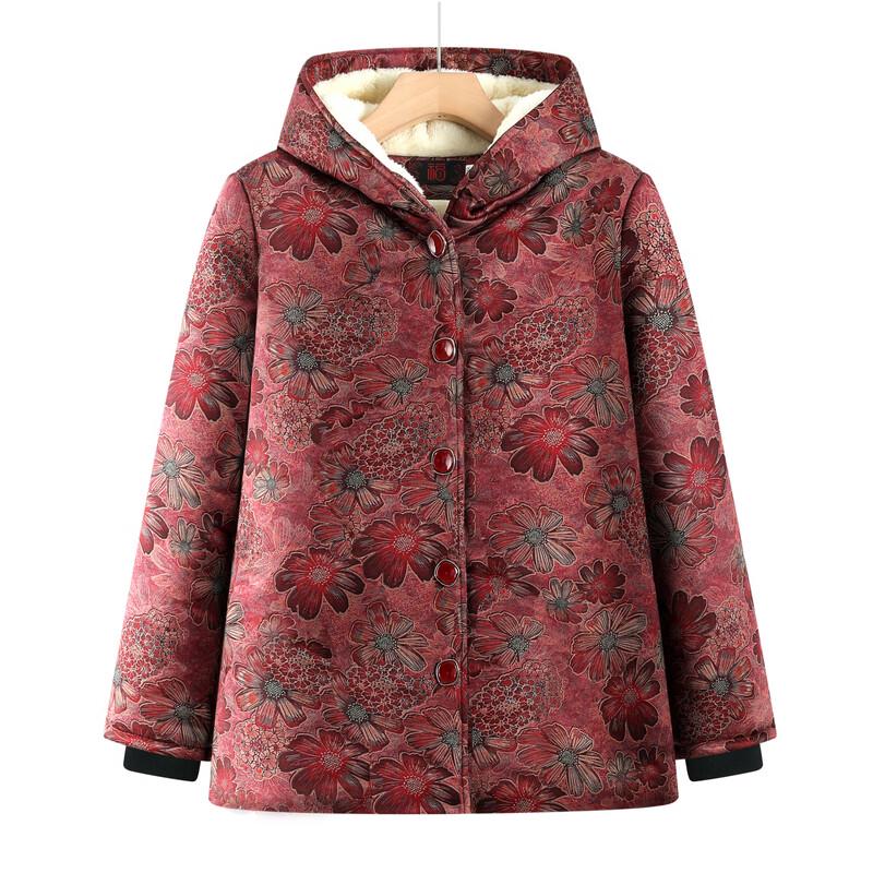 Elderly Women's Floral Hooded Winter Padded Jacket