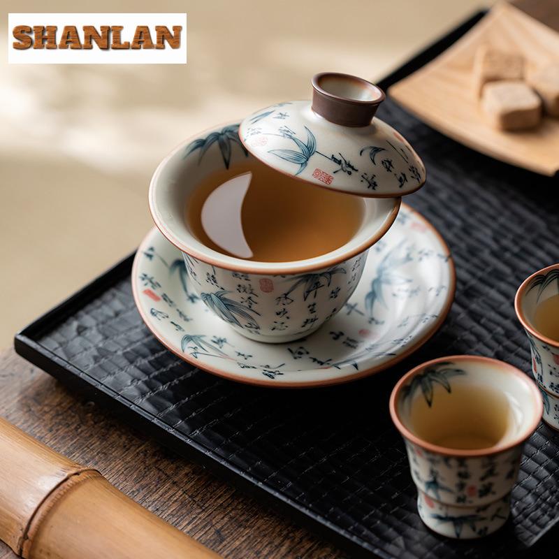 130ml Ru Kiln Three-talent Gaiwan Ancient Tea Tureen Tea Bowl With Lid Kit Tea Brewing Cover Bowl Tea Items Supplies Collection