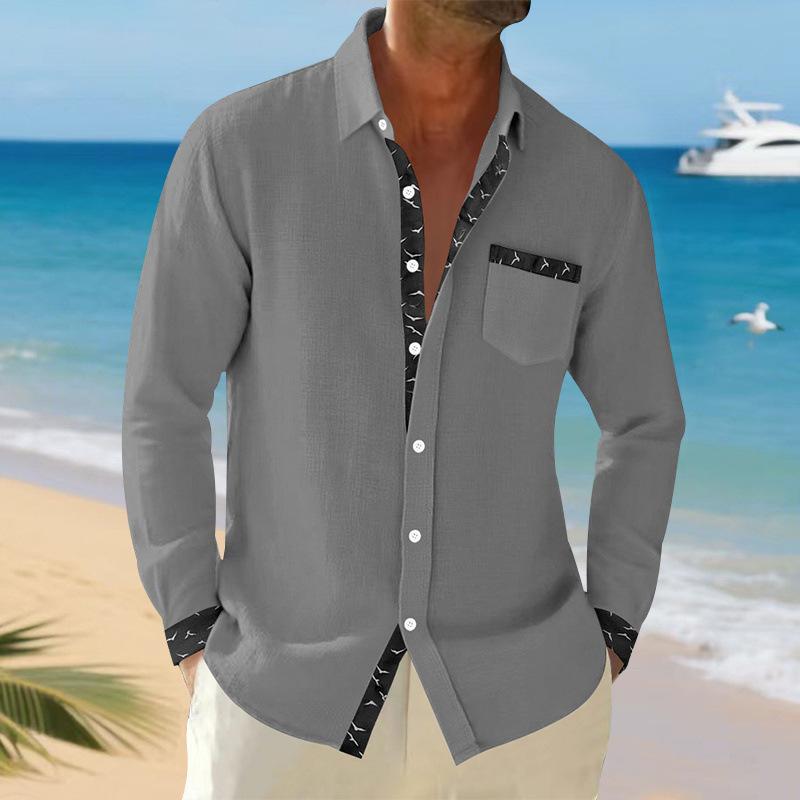 

Новая мужская льняная рубашка с длинным рукавом, простого повседневного гавайского кроя с лацканами, свободная, на раннюю осень, универсальный топ S серый