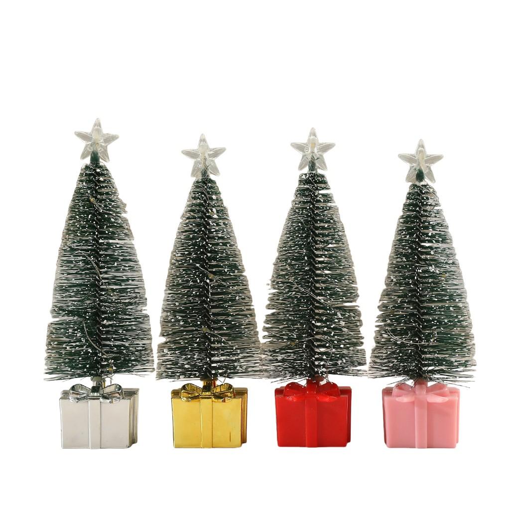 Mini Light Up Tabletop Christmas Tree Set with Snow Flocked Pine Gift Box Base Warm White Color Changing LED Small Holiday Decoration for Home Off