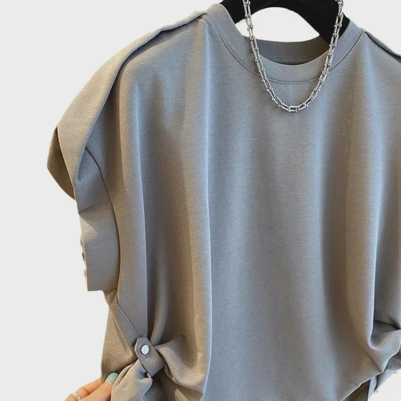 Women's Korean Fly Sleeve Loose Solid Color T-Shirt - Short Sleeve, Slimming, Drop Shoulder Design for Summer